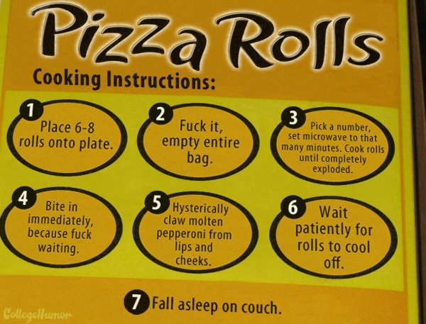 Pizza Rolls. collegehumor. Pith a number; an that many mintutes. Exploded. Bite in immediately, because fuck waiting.. REPOST!!!