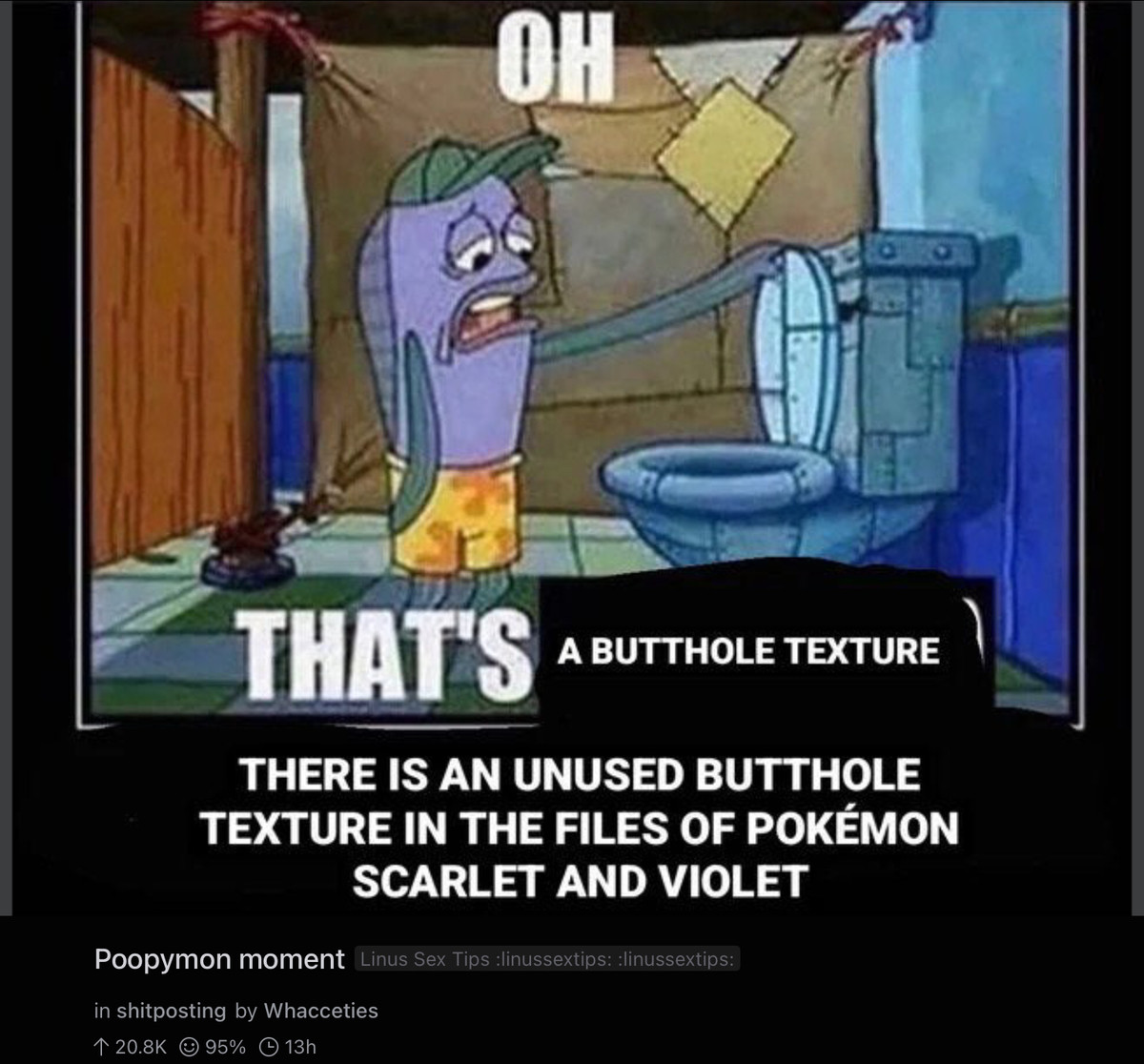 Pokémon booty holes. .. Damn that’s crazy; did you know in System Shock 2, the levels while in the body of the Many are actually an employee’s colonoscopy pictures he gave to the staff