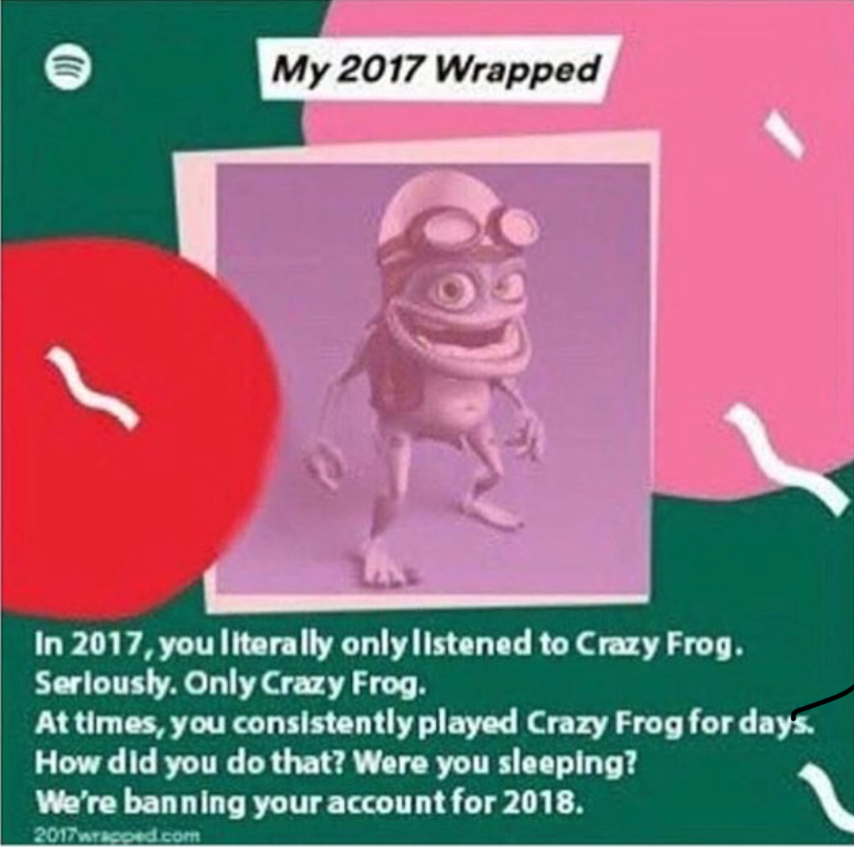 Post your Spotify Wrapped 2017 playlists no balls. 🤷♂. In 2017, you literally to Crazy Frog. Sereously. Only Crazy Frog. At times, you consistently played Crazy