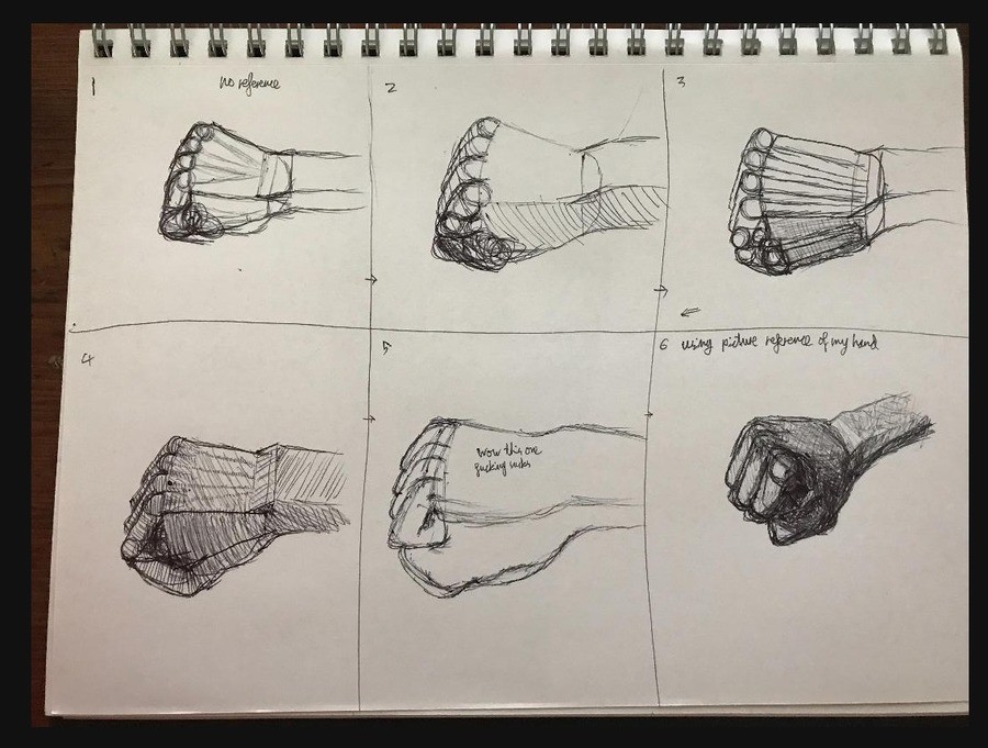 practicing drawing a fist. spent some time practicing drawing hands today, I thought the progress was cool to see, In the sixth on I took a picture of my hand a