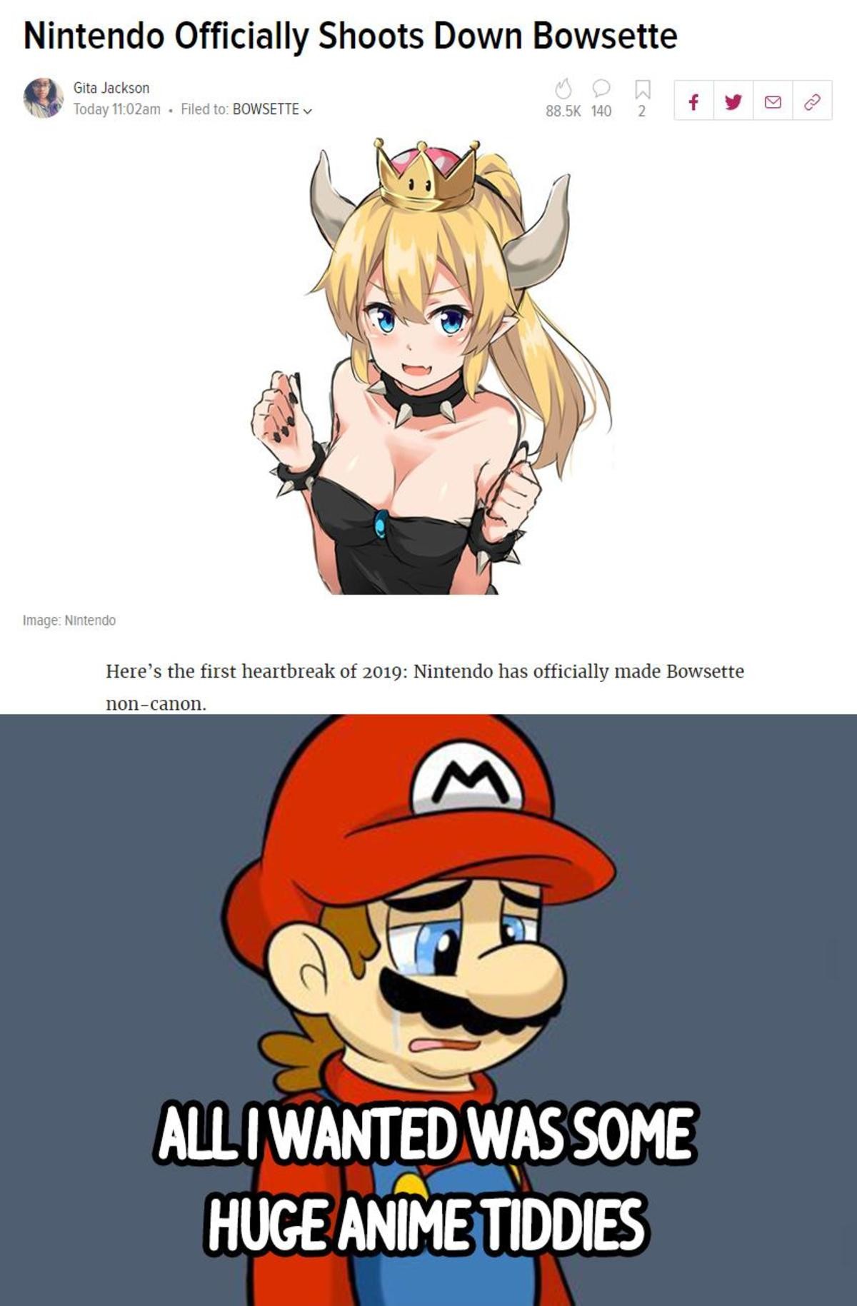 RIP Bowsette. join list: CuteMonsterWaifu (1352 subs)Mention History join list:. We were so close to have a canon version of her...