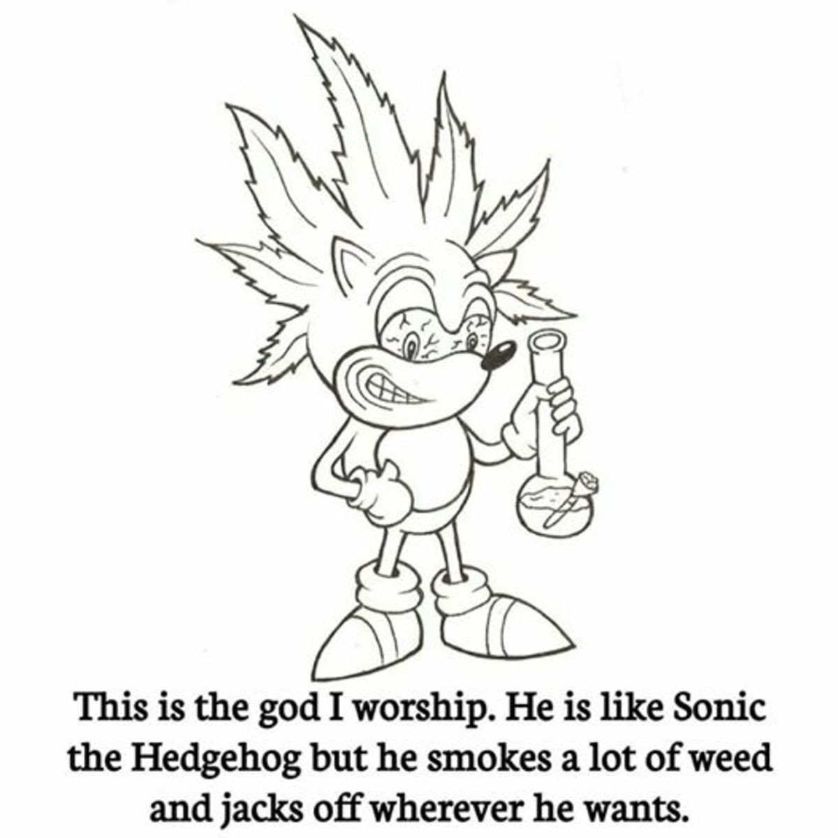 Sanic. . This is the god I worship. He is like Sonic the Hedgehog but he smokes a lot of we ed and jacks off wherever he wants.. Is that Chronic the Hedgehog?