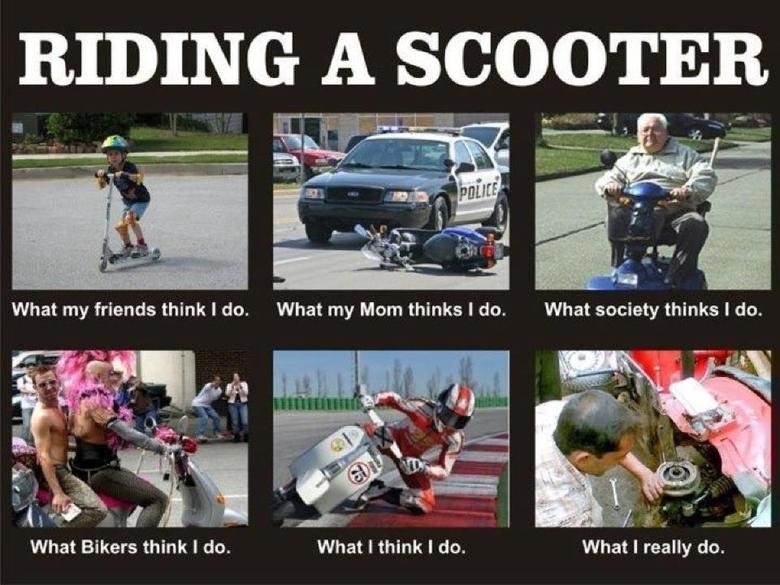 Scooters. lolll. What Bikers think I do. What I think I do. What I really do.