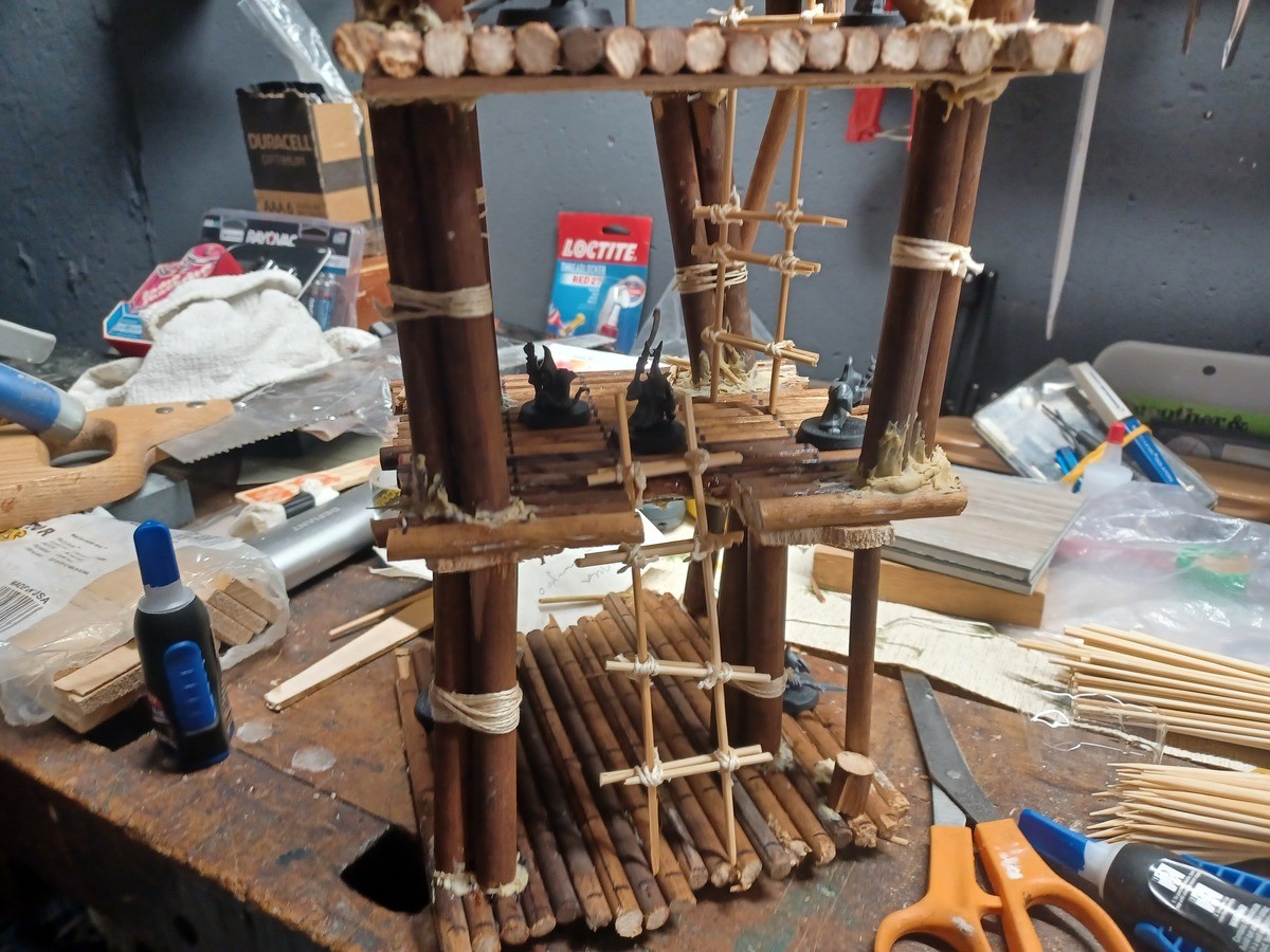 Scrap built ramshackle goblin tower. A friend came to visit so I immediately put her to work and together we built this tower for a one off I'm running for her.
