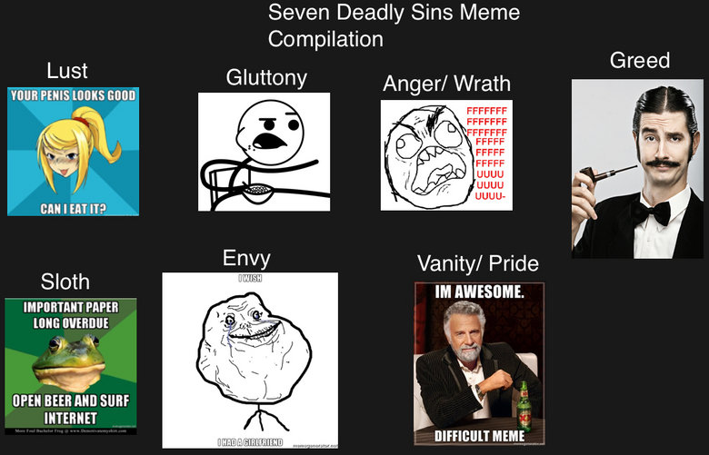 Seven Deadly sins Meme Style. Hope you all like . Seven Deadly Sins Meme Compilation Lust Anger/ Wrath TUNE PENIS BIND 1/ anity/ Pride gee? Sloth Pam NEH BEER M