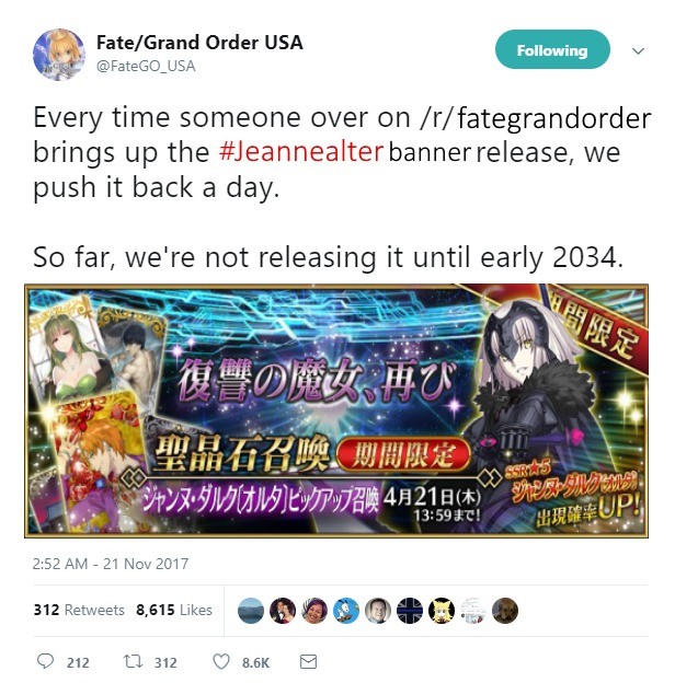 So This Is Why We Haven't Gotten The Jalter Event Yet. Source havespoken/ join list: Fate (425 subs)Mention History join list:. This explains things