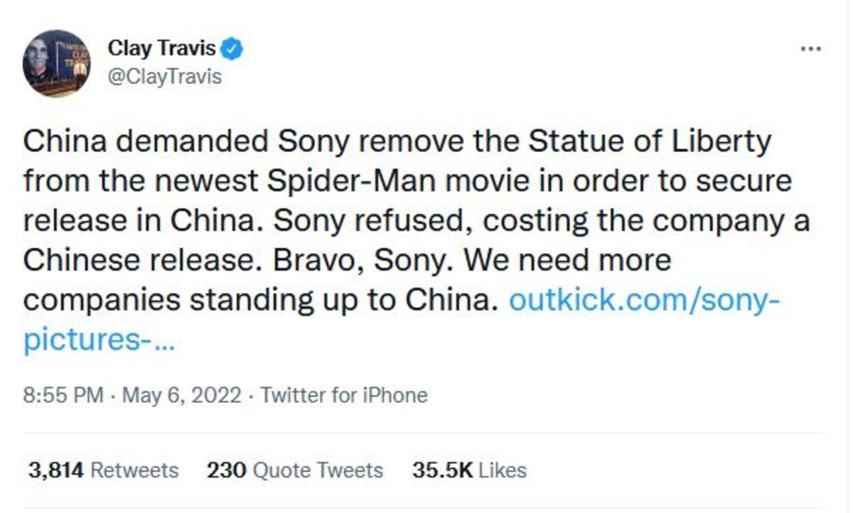 Spiderman too patriotic. .. they totally would, if the statue of liberty wasn't a major plot point of the movie and removing it wasn't impossible