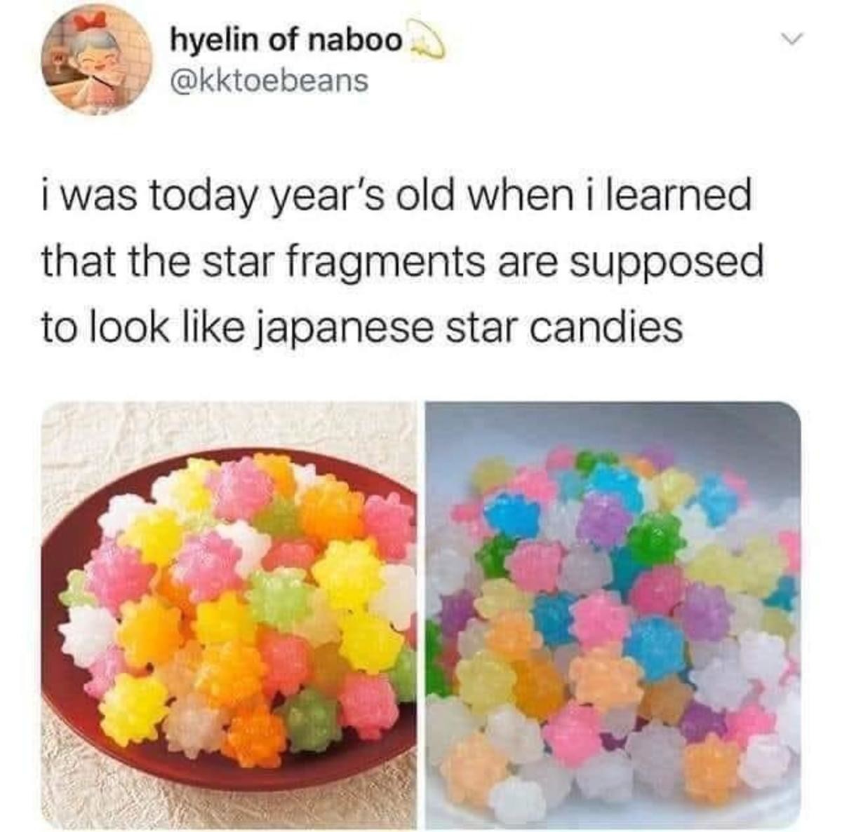 Star fragments. .. It’s a sugar candy called konpeito  I’m personally not a big fan because it just tastes like sugar, but they are really cute