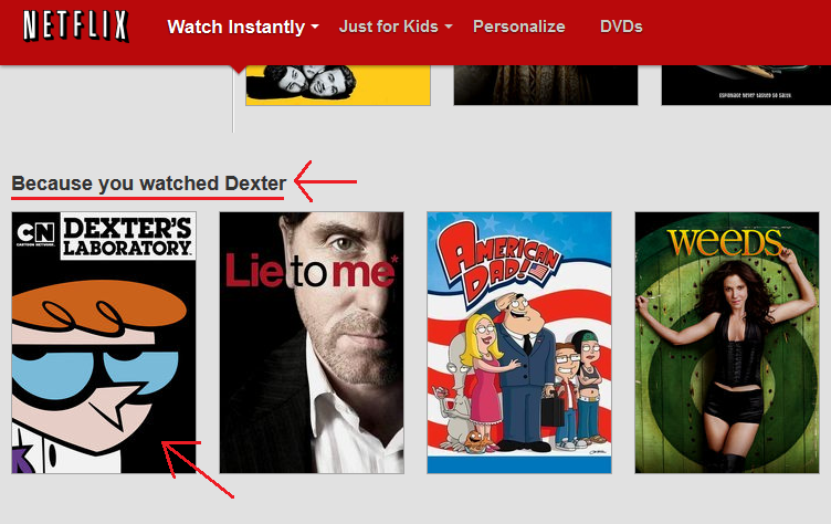 Thanks, Netflix.... ...it's like you know me.. N wll I L I K Watch Instantly Just fer Mule Personalize DVDS kiitti' l. Because you watched Dexter E