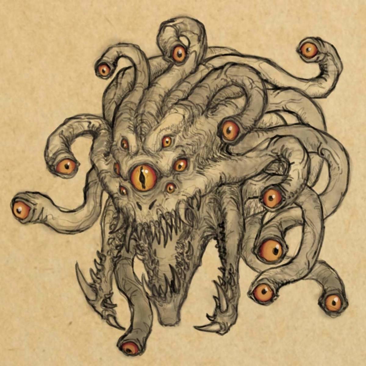 The Beholder. .. that is NOT a beholder. count those up, that's SEVENTEEN EYES. beholders are supposed to have ten eyestalks and ONE central eye! I can only imagine what horribl