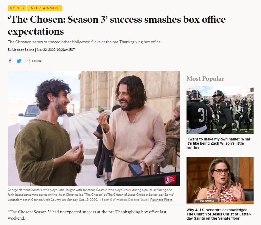 The Chosen smashes box office expectations. The first and second episodes of the religious series grossed more than $8 million, according to The Hollywood Repor