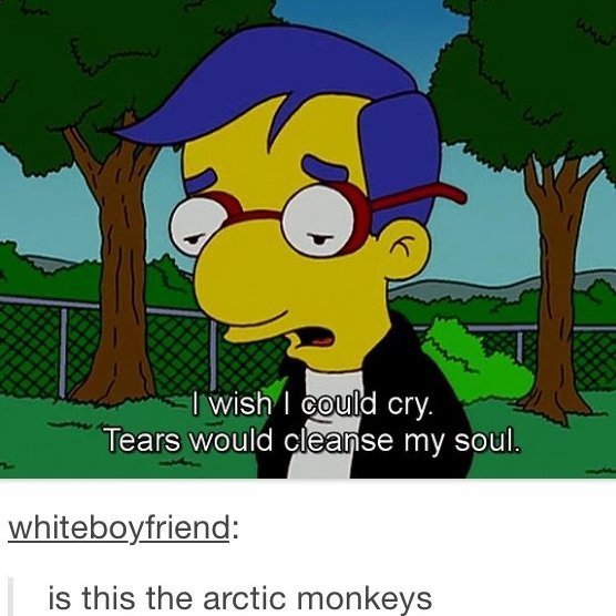 THESE WOUNDS DONT SEEM TO HEAL. .. Isn't Milhouse allergic to his own tears? It's been a long time, I can't remember