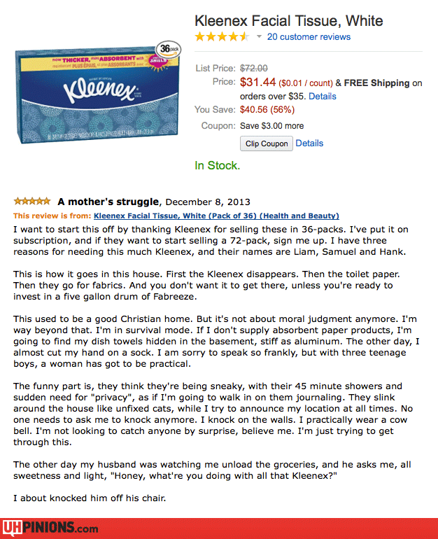 They aren't blowing their noses are they. I laughed because it's true!. Kleenex Facial Tissue, White 20 bestemor reviews List Price: . 99 Price: . 44 (, 01 moun