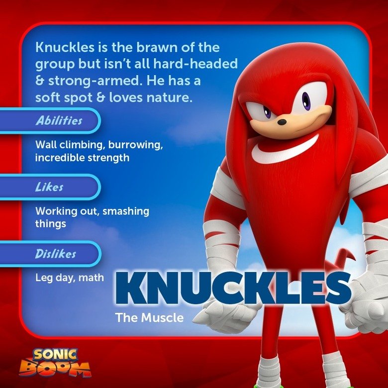 They did it. . Knuckles is the brawn of the group but isn' t all is . He has a soft spot tit loves nature. Abilities ) _ Wall climbing, burrowing, incredible st