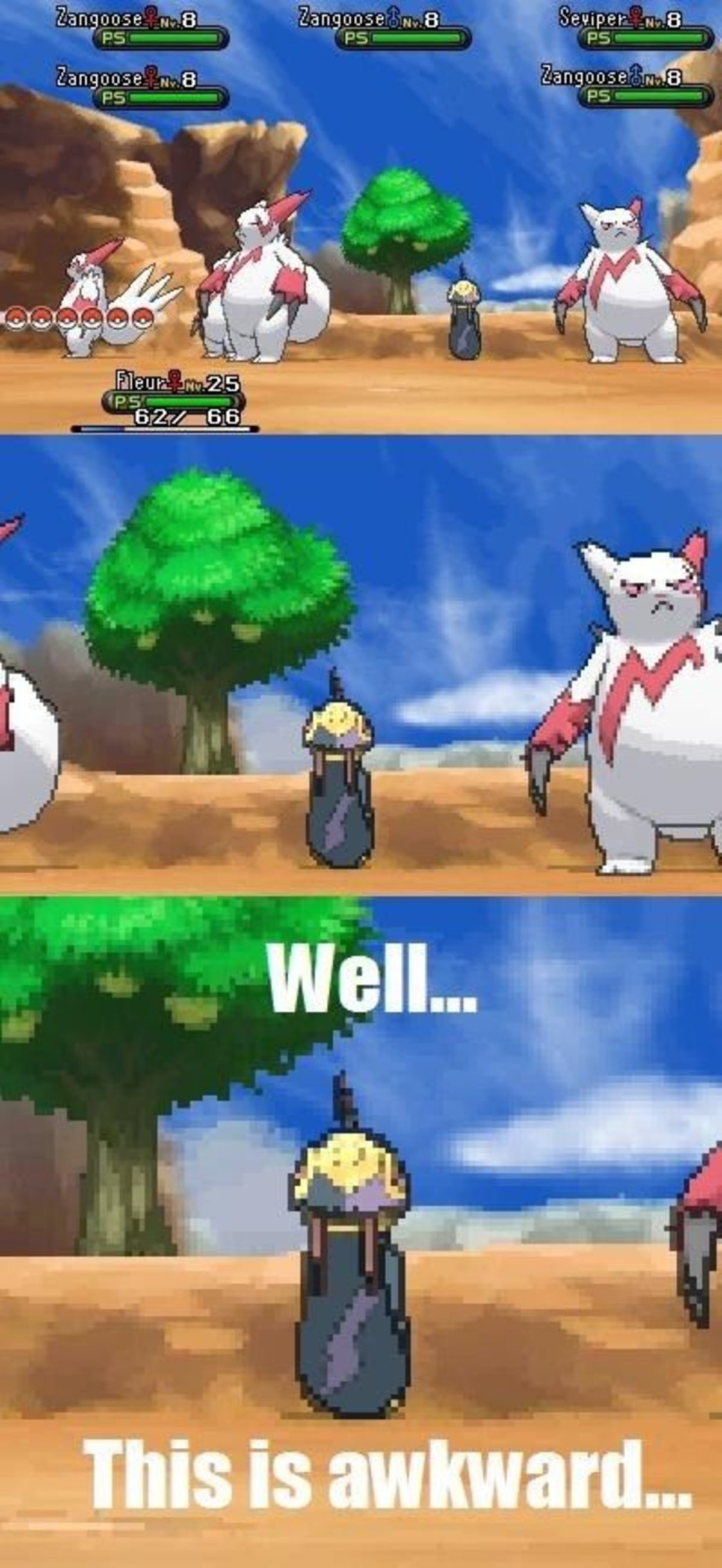 They don't even know. Either the Zangoose are oblivious or they led this Seviper into a trap.. Always hated encountering these hordes... Because: both seviper and zangoose have 60 def and Sdef, so any move that hits all of them has an equal chance of kill