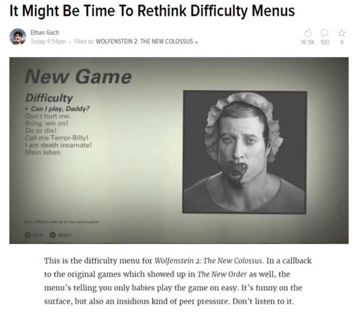 They got triggered again. . It Might Be Time To Rethink Difficulty Menus Ethan Gash This is the difficulty menu for Wolfenstein 2: The New Colossus. In a callba