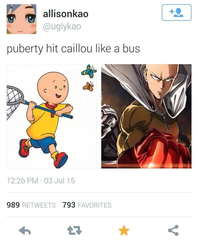 they grow up quick. . K iii) tta. puberty hit caillou like a bus 72: 26 PM . 03 Jul 989 RETWEETS 793 FAVORITES 4-. 13 at ate