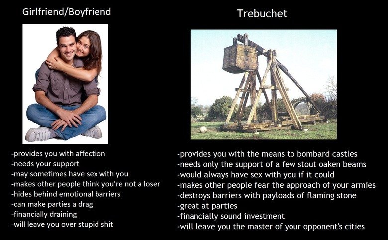 Trebuchet vs Girlfriend. The choice is obvious.. Girlfriend/ Boyfriend Trebuchet provides you with affection -provides you with the means to bombard castles nee