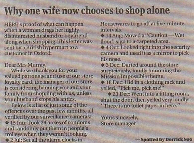 Troll Husband. . Why one withi) . chooses to shop alone I disinterested ..i' i, siir' viii' iird an 'a'' mi sent. try a "tibit costumer in Oxford: Dear Mrs Murr