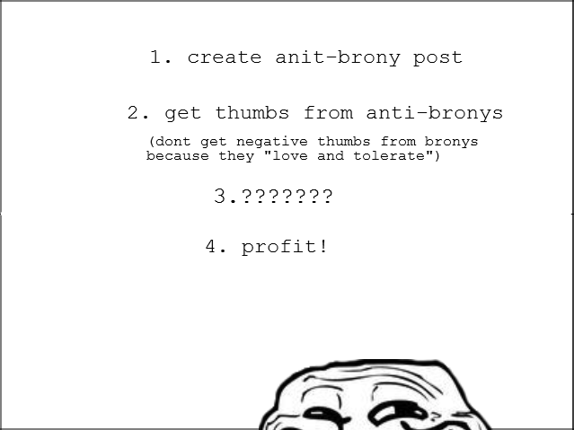 Troll Science: Frontpage. dickbutt. 1. create ? post 2. get thumbs from dent get: negative thumbs from bronys because they "leve and tolerate"} 4. profit!. Doesnt work. they still thumb you down to the deepest pits of hell and still say that they &quot;love and tolerate&quot; you