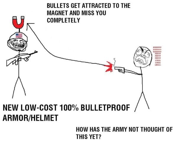 Troll Science. THIS IS TROLL SCIENCE. BULLETS GET ATTRACTED TO THE MAGNET AND MISS YOU COMPLETELY NEW "/ u BULLETPROOFS ARMOR/ HELMET HOW HRS THE ARMY NOT THOUG