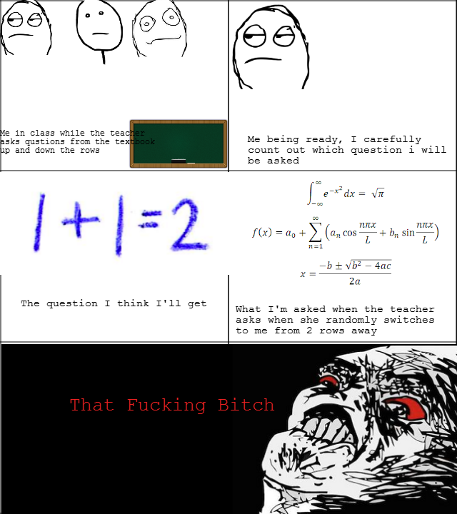 Troll Teacher. Happens to me alot. e in class while the tea basks qustions from the p and down the rows Me being ready, T carefully caunt cut which question i w