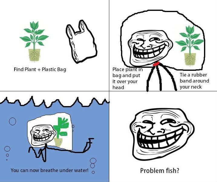 Troll physics. Personal fav. hope it be not a repost!. Find Plant + Haiti: Bag Place p a m bag and put Tie a rubber it band around head your neck Problem fish?