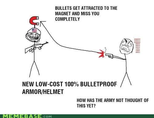 Troll Physics 2. Magnets. BULLETS GET ATTACHTED TO THE MAGNET MID MISS Yoo H] OMLETE " NEW LOW-{ HIST 100% BULLETPROOF ARMOR/ HELMET HEM‘ HAS THE ARMY HUT [IF T