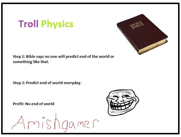 Troll Physics. This is my first upload please be nice. I know ms paint sucks.. Troll Step 1: Bible says no one will predict end the world or something like that