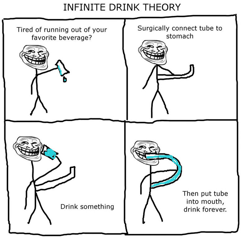 Troll Logic. . INFINITE DRINK THEORY' Tired of running out of your Surgically connect tube to favorite beverage? stomach Then put tube into mouth, drink forever