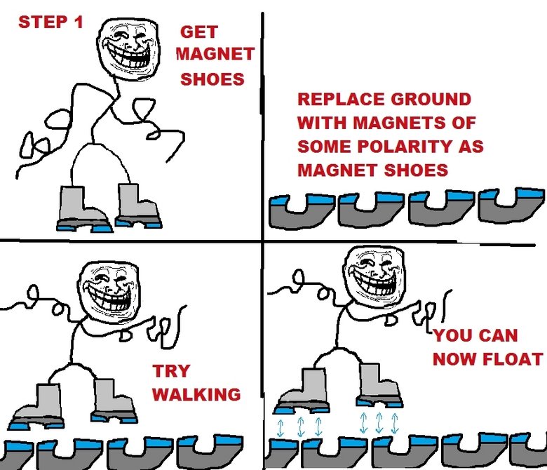 Troll Physics. Hope it's not a repost. I didn't make it.. REPLACE GROUND WITH MAGNETS OF SOME POLARITY AS MAGNET SHOES. well it is