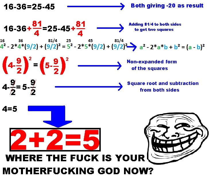 Troll math. . 1 3_ _ 45 j Both giving an as result MOTHERFUCKING GOD NOW?. Actually, since it comes out to that, it's a false statement. Therefore, you fail sir.