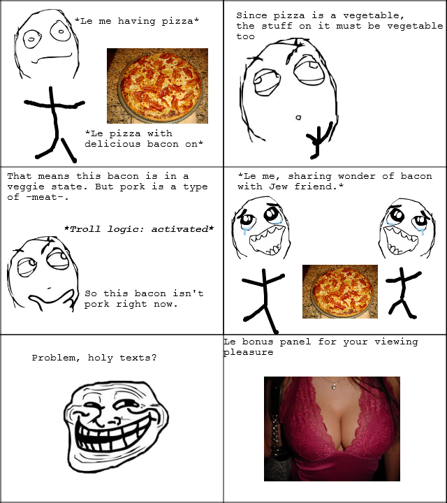 Troll logic and pizza. I told a jew friend about this idea before posting. His face when I did: . LE me having pizza" Since pizza is a vegetable, the stuff on i