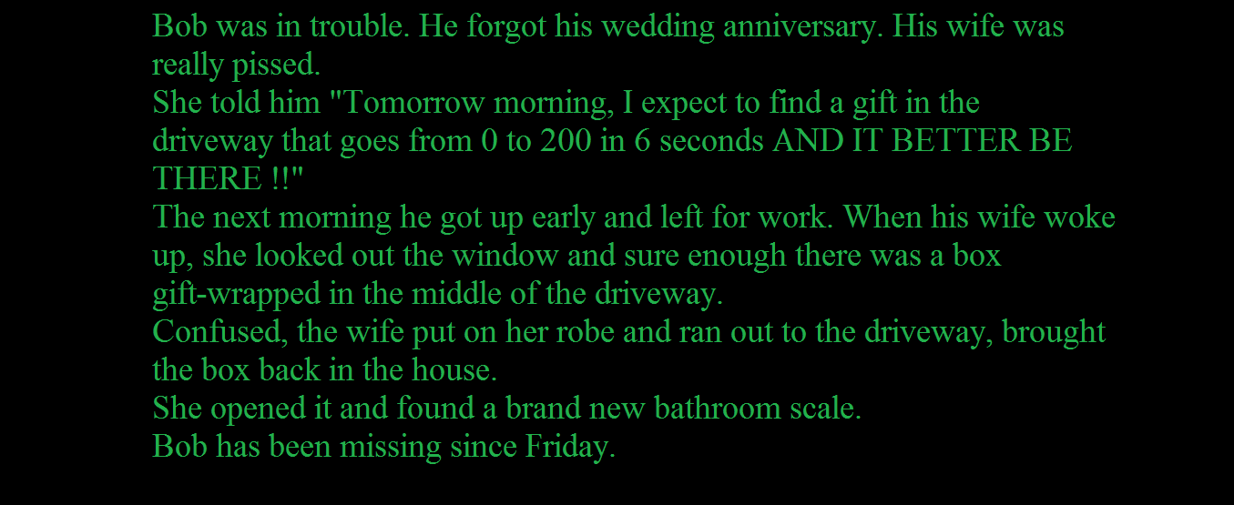 Troll husband. . Bob was in trouble. He forgot his wedding anniversary. His wife was really pissed. She told him "Tomorrow morning, I expect to find a gift in t