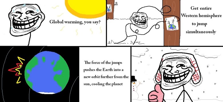 Troll Physics. U Mad FJ?. o warming, you say: ''fii" iii) to jump The force pushes the Earth into a new orb it far ther from the sun, cooling the planet