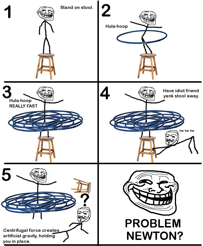Troll Physics. . Stand on stool. 2 Have idiot friend yank stool away. REALLY FAST PROBLEM NEWTON? Centrifugal farce creates artificial gravity, holding you in p