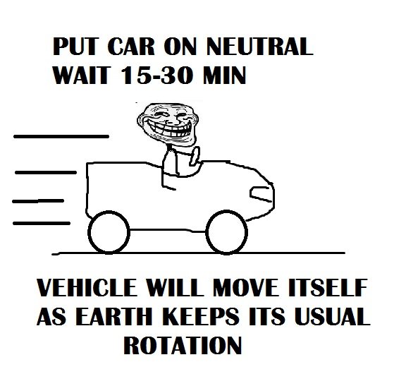 Troll Physics. U Mad FJ?. PUT CAR NEUTRAL WAIT 1 MIN VEHICLE WILL MOVE ITSELF AS EARTH KEEPS ITS USUAL ROTATION. You must first use magnets to create a zero-friction car.
