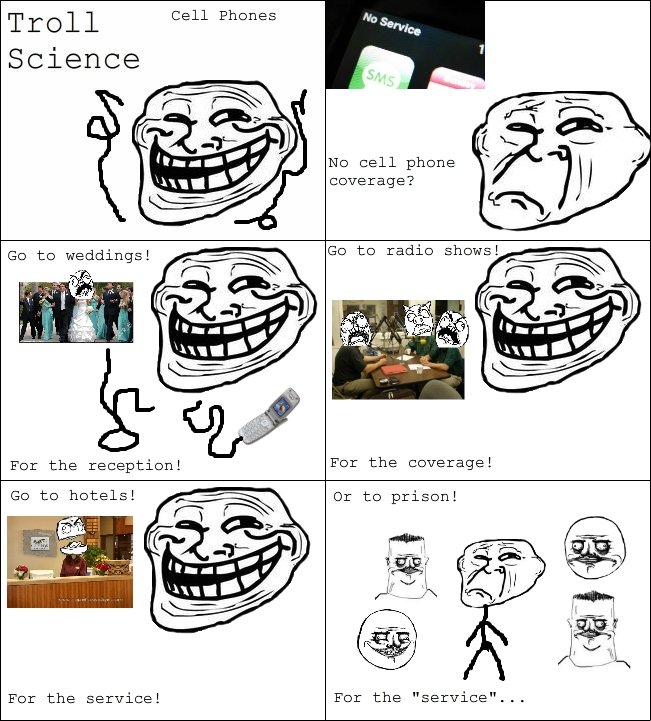 Troll Science Cell Phone. One more troll science post coming every day.. T I? O l l Cell Phones ND cell phone coverage? For the service! "service"...