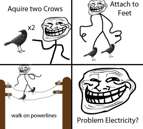 Troll physics. problem?. Aquire two Crows walk on powerlines Problem Electricity?. Well you see, each cable has a different about of voltage. The only reason why birds such as crows can sit on these wires safely is because for the current to f