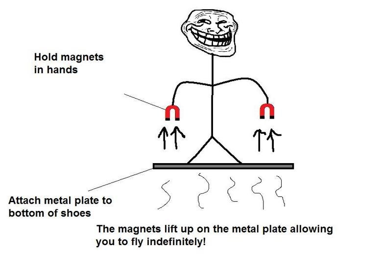 troll science 5. +20 4 mor. Hold magnets in hands bottom of shoes The magnets lift up on the metal plate allowing you to fly indefinitely!. LOGIC!