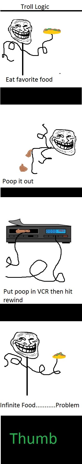 Troll Logic. Its amazing. Troll Luge Eat favorite food Poop it out Put poop in VCR then hit rewind. but if you like Ethiopian food then there is no point