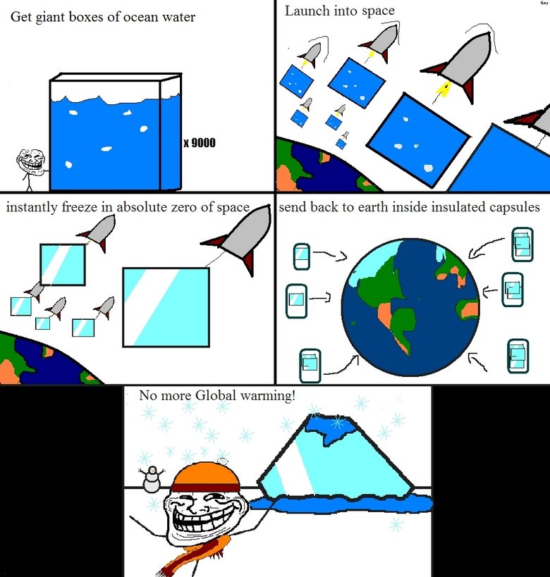 Troll Tactics: Global Warming. No moar global warming XD. Get giant boxes of ocean water Launch into Space send back to earth inside insulated capsules. That isn't possible since when they enter the atmosphere theyll get on fire