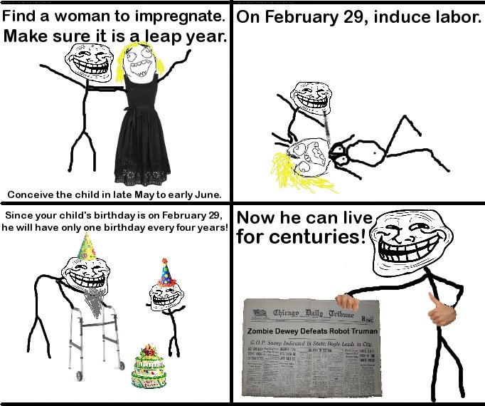 Troll physics: how to live forever!. I do not take credit for this.&lt;br /&gt; rate and comment.. Find a weeman to impregnate. On February 29, induce Babar. Ma