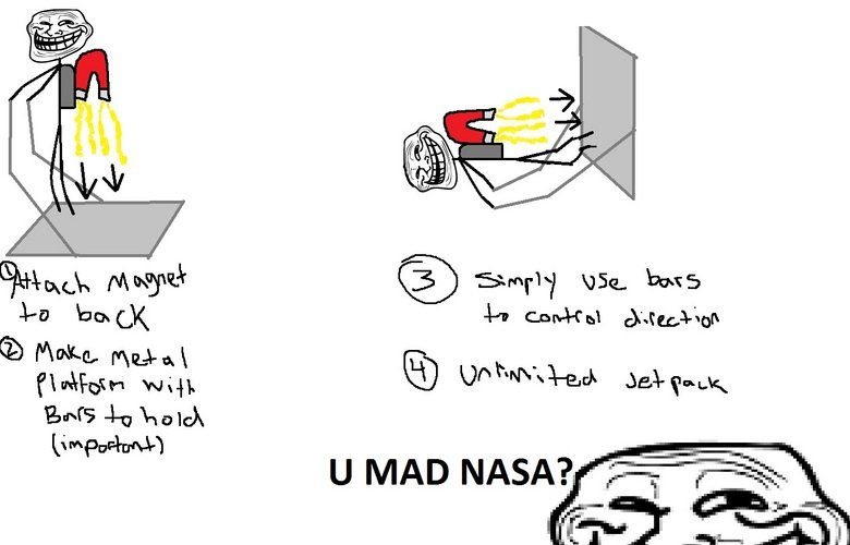 troll science. repoast? tell me.. i honestly don't understand the jet pack concept. typically this stuff is smart and funny, i thought it would be like walk up wall and instantly defy gravity. &