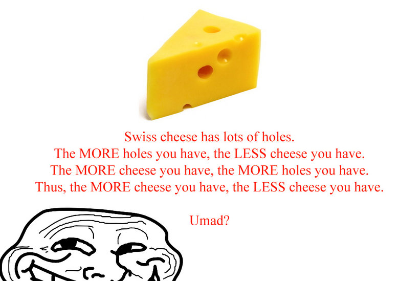 Troll Logic. My friend told me this and I thought it was pretty clever.&lt;br /&gt; THIS made it to the front page...UMAD?. Swiss cheese has lots of holes. The 
