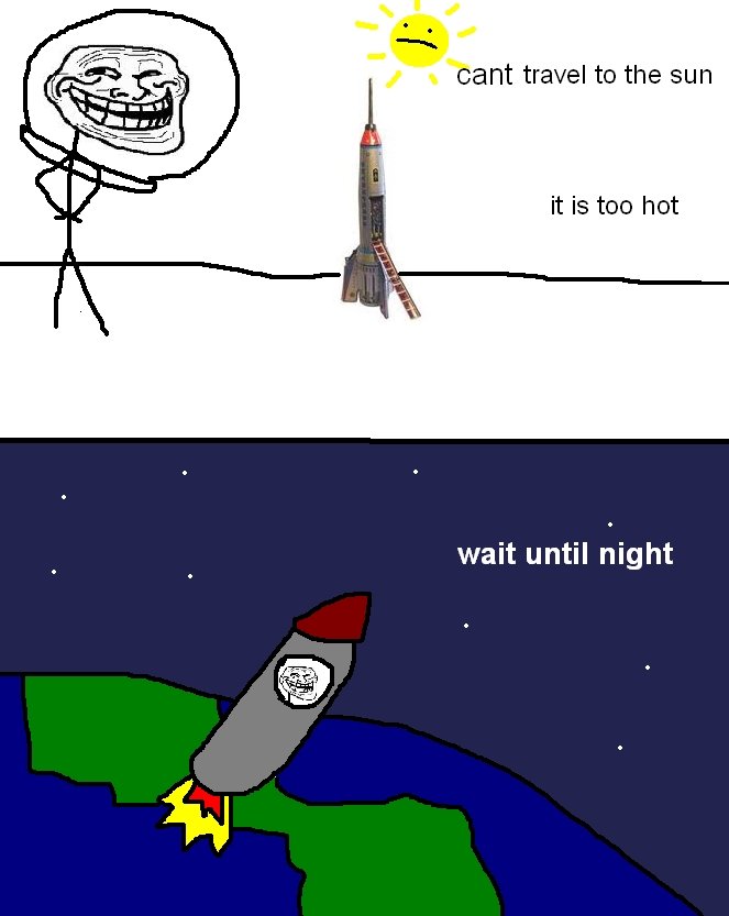 Troll Tactics: Space Travel. Now we can travel to the sun! . cant travel to the sun it is ten hot wait until :