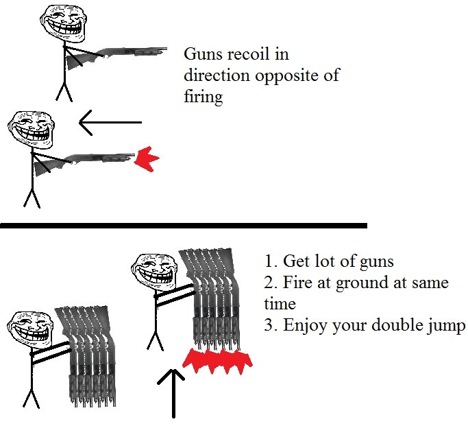 Troll Physics 2. . Guns recoil in direction opposite of firing 1. Get lot noguns 2. Fire at ground at same time 3. Enjoy your double jump