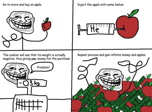 troll physics. cheap apples. Go To share and buy an apple Inject the apple um sum: The cashier will see thot its weight is negative, thus giving ya; mm? for the