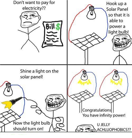 Troll Science. . Don' t want to pay far Hook up a Solar Panel so that it is able to Shine a light on the solar panel! Congratulations it You have infinity power