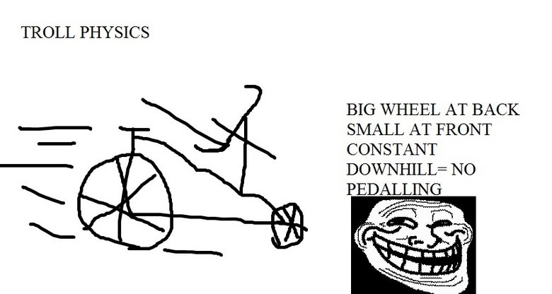Troll physics. Oc content i think i thought of it anyways. TROLL PHYSICS BIG WHEEL AT BACK A SMALL AT FRONT CONSTANT DOWNHILL: NO sts. PEDALLING. improved version?